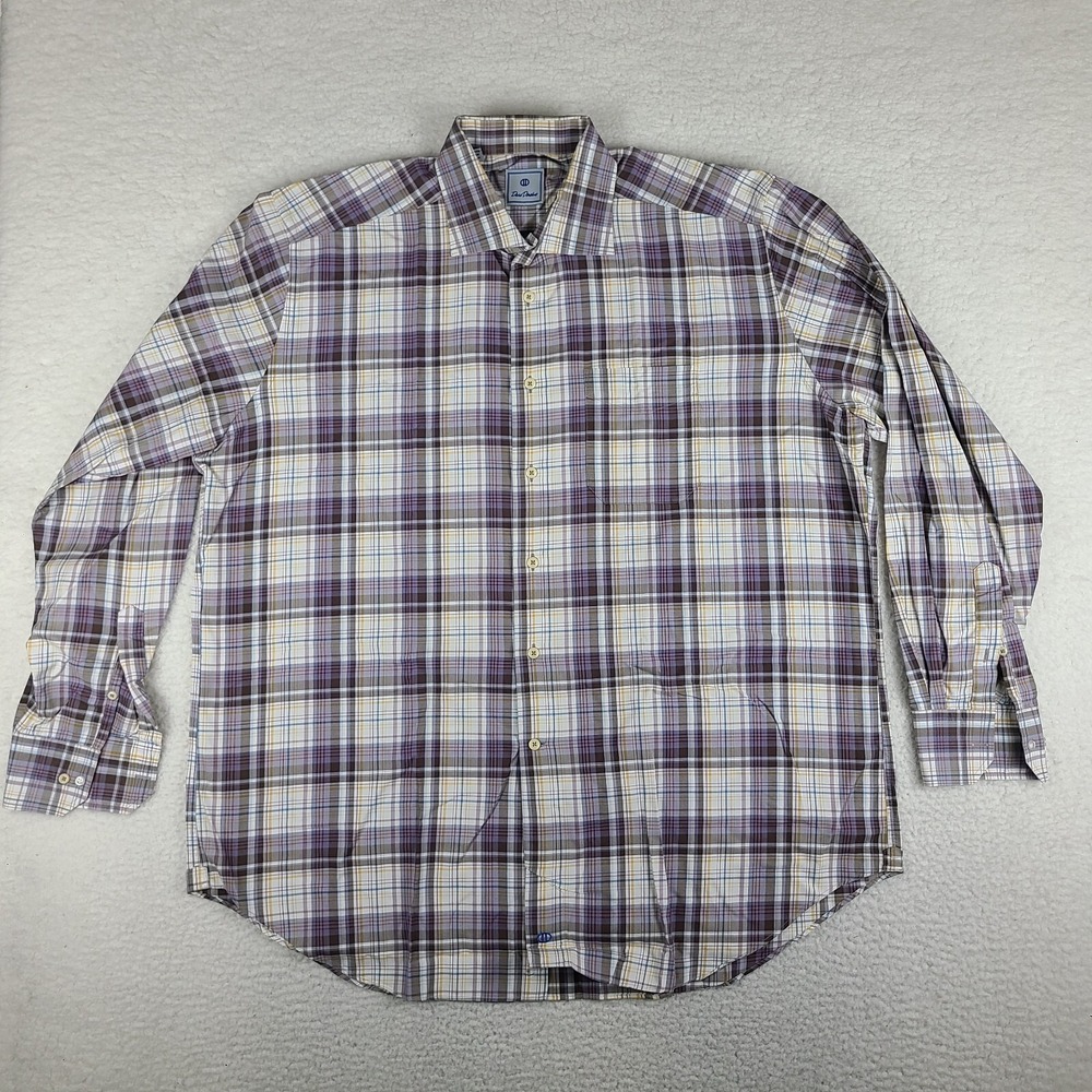 David Donahue Shirt Mens 2XL XXL Brown Blue Yellow Plaid Dress Button Up
